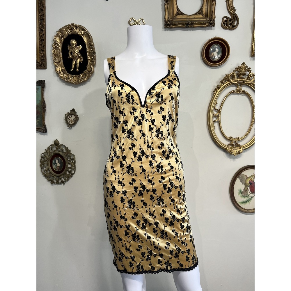 Vintage Vanity Fair Gold Black Floral Print Liquid Satin Slip Dress Size 36